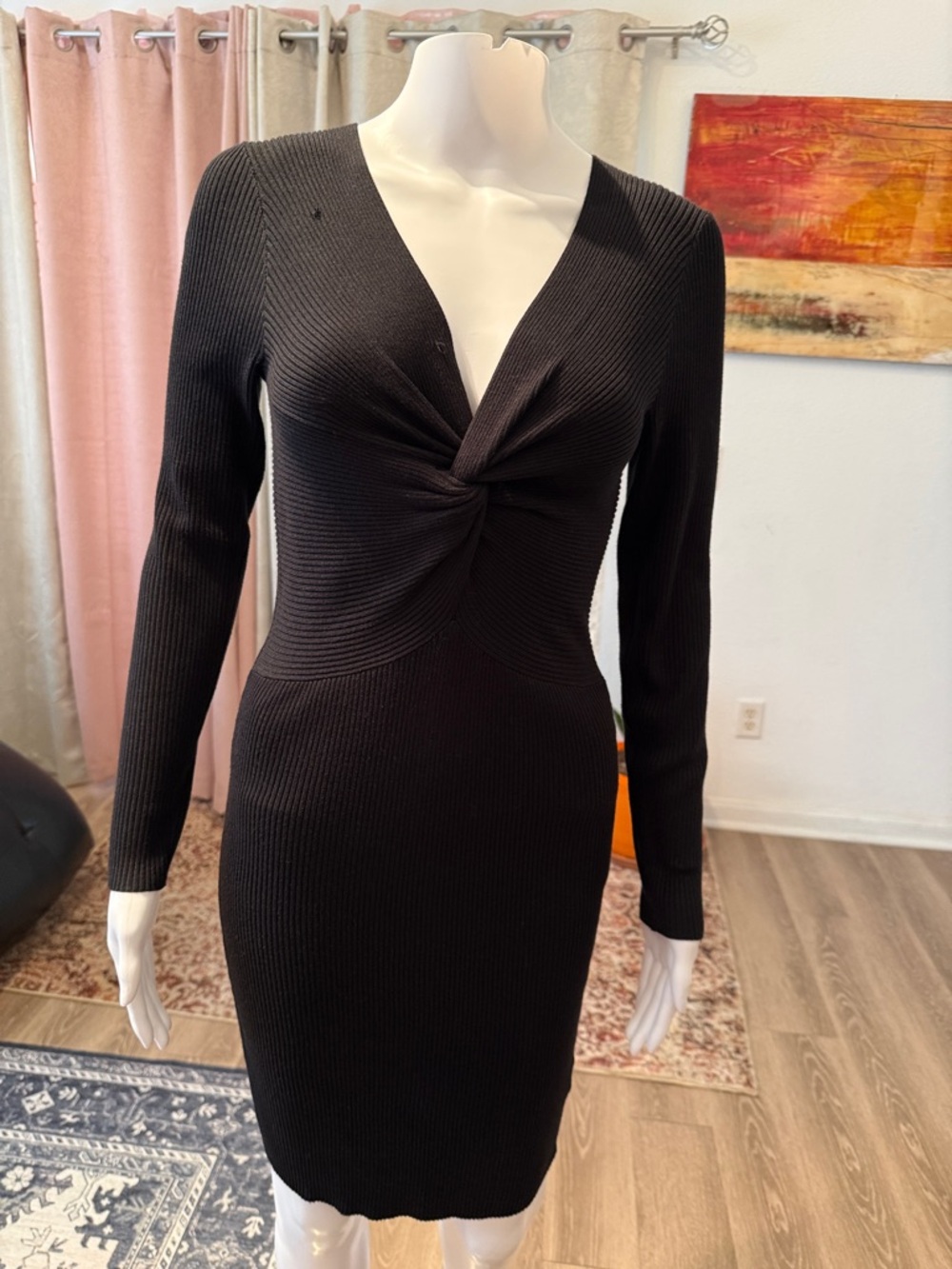 iris Black Twist-Front Long-Sleeve Ribbed Dress